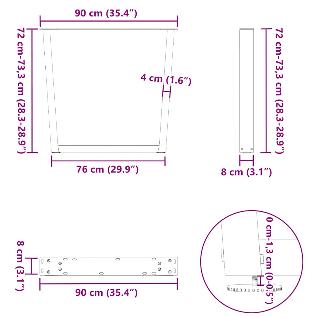 3 db antracitszürke, V-alakú acél étkezőasztalláb 90 x (72-73,3) cm
