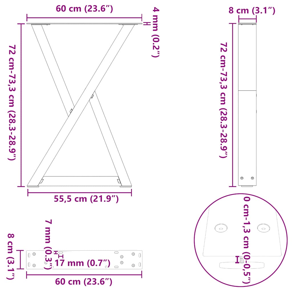 2 db antracitszürke acél étkezőasztalláb 60x(72-73,3) cm