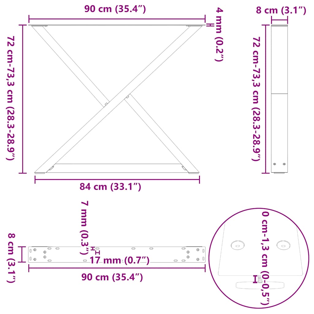 2 db fekete acél étkezőasztal láb 90 x (72-73,3) cm