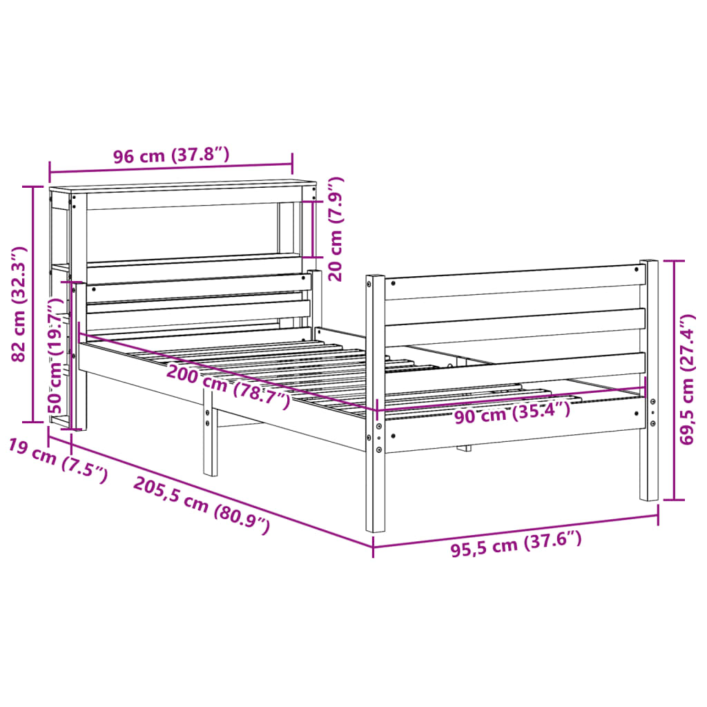 tömör fenyőfa ágykeret fejtámlával 90 x 200 cm