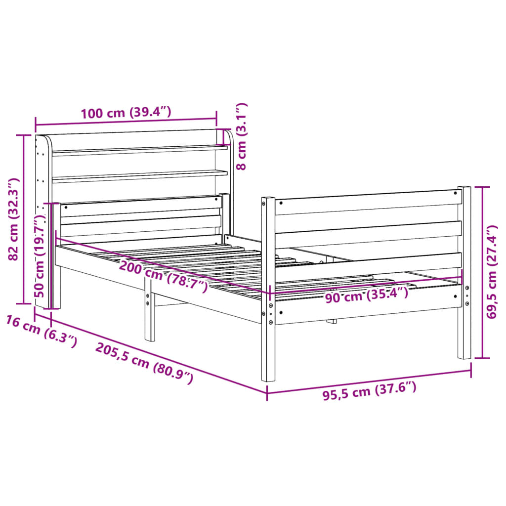 tömör fenyőfa ágykeret fejtámlával 90 x 200 cm