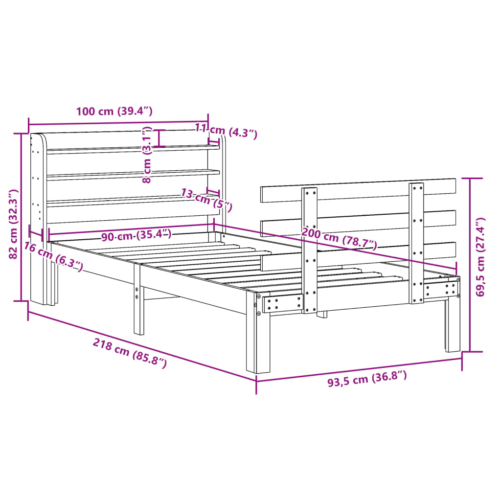 tömör fenyőfa ágykeret fejtámlával 90 x 200 cm