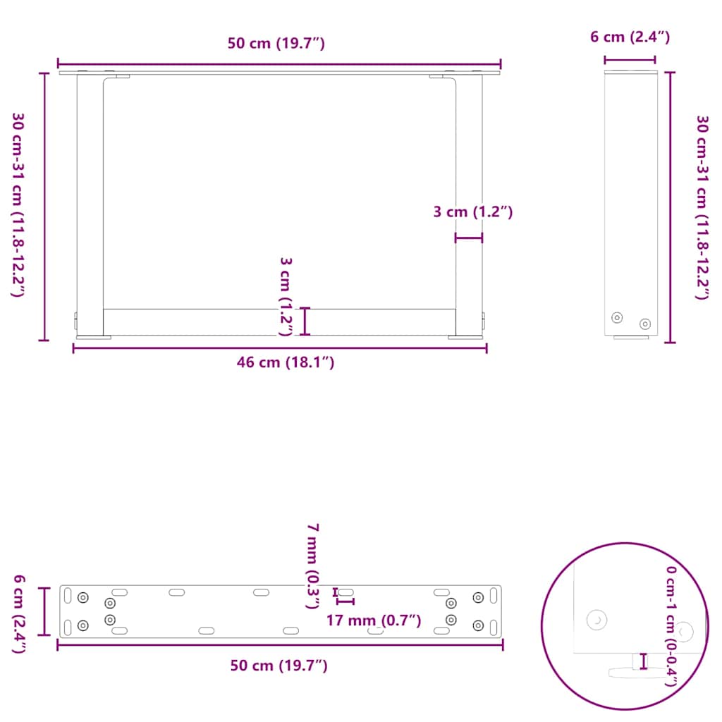 2 db fekete, U alakú acél dohányzóasztal láb 50 x (30-31) cm