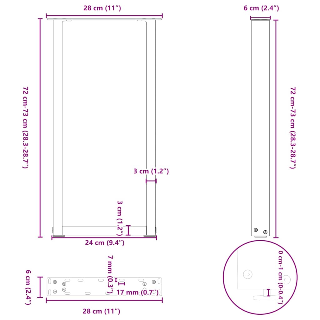 2 db fekete, U alakú acél konzolasztal láb 28 x (72-73) cm
