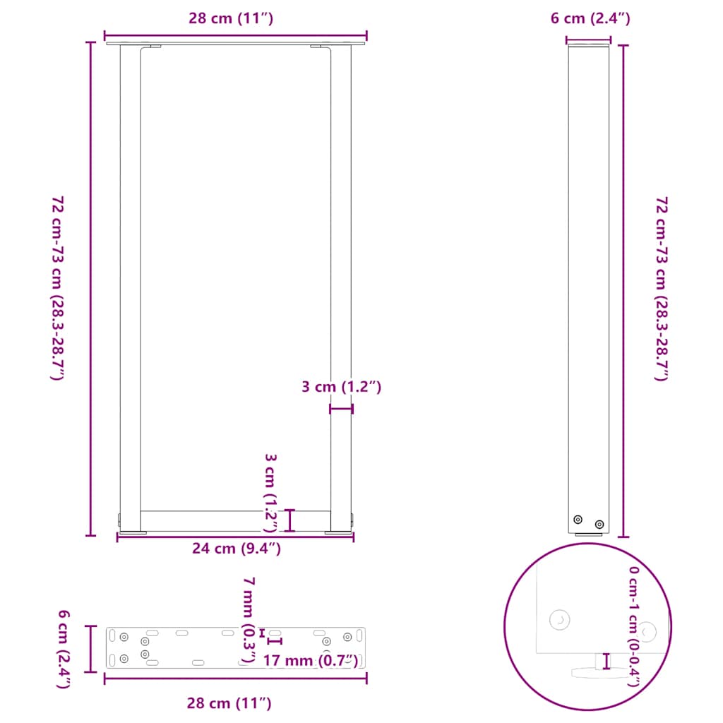 2 db antracitszürke U-alakú acél konzolasztal láb 28x(72-73) cm
