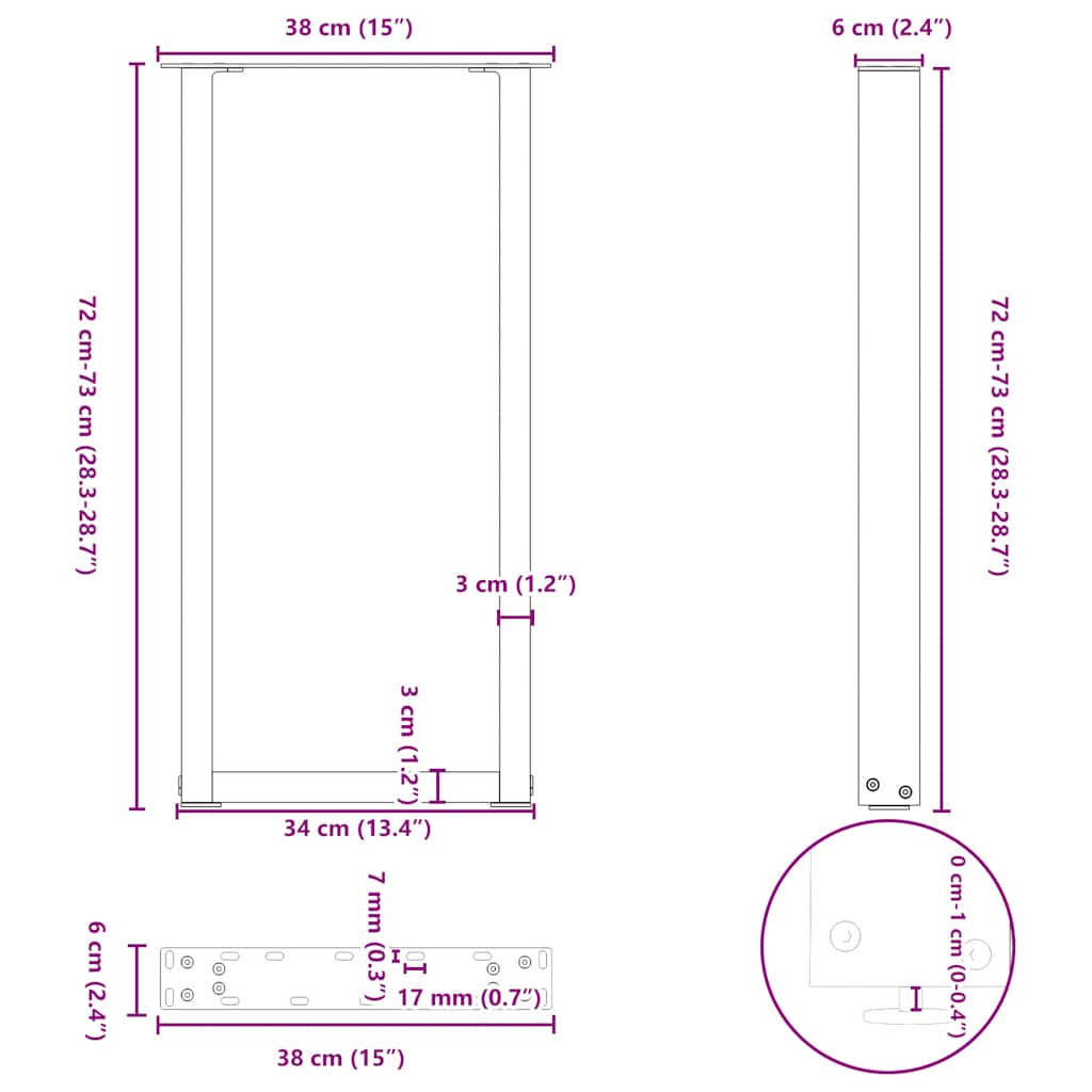 2 db fehér, U alakú acél konzolasztal láb 38x(72-73) cm