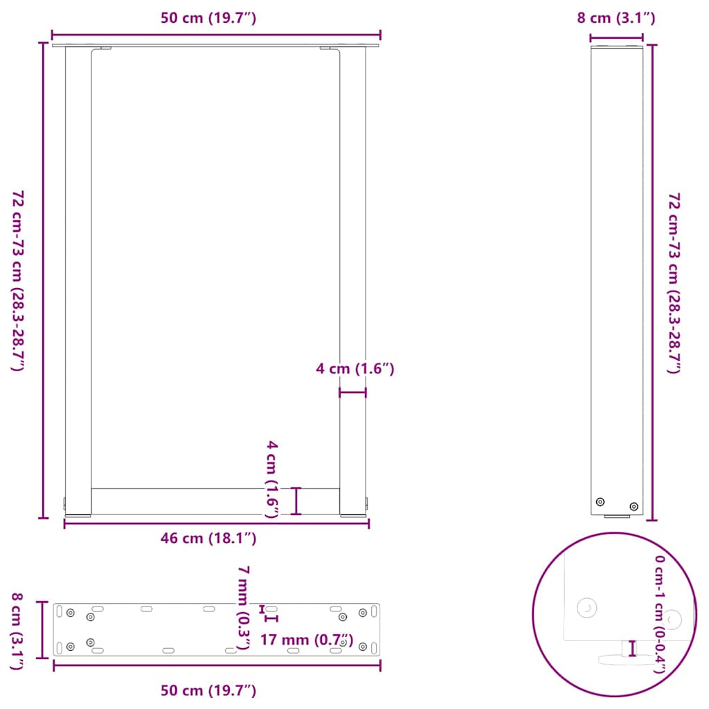 2 db U alakú étkezőasztal láb fekete acélból 50 x (72-73) cm