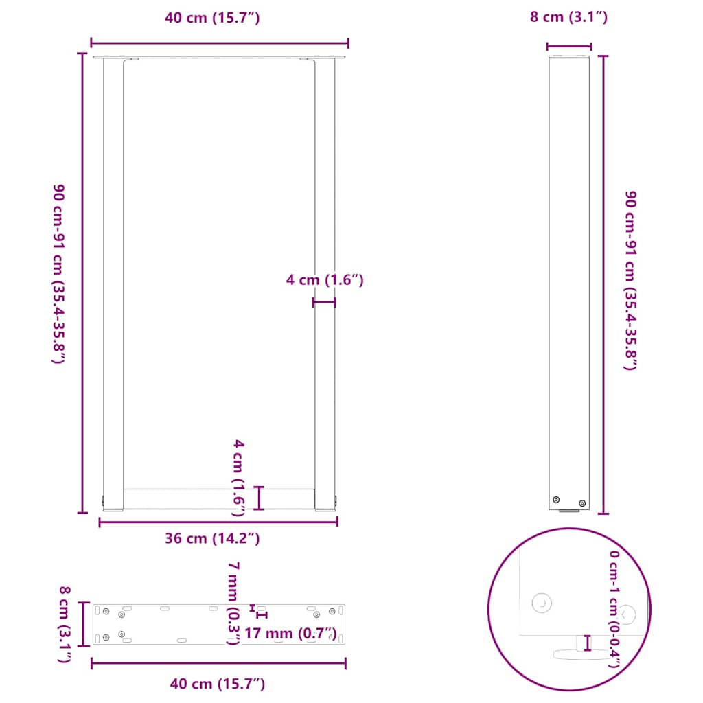 2 db U alakú bárasztalláb, fekete, 40 x (90-91) cm, acél