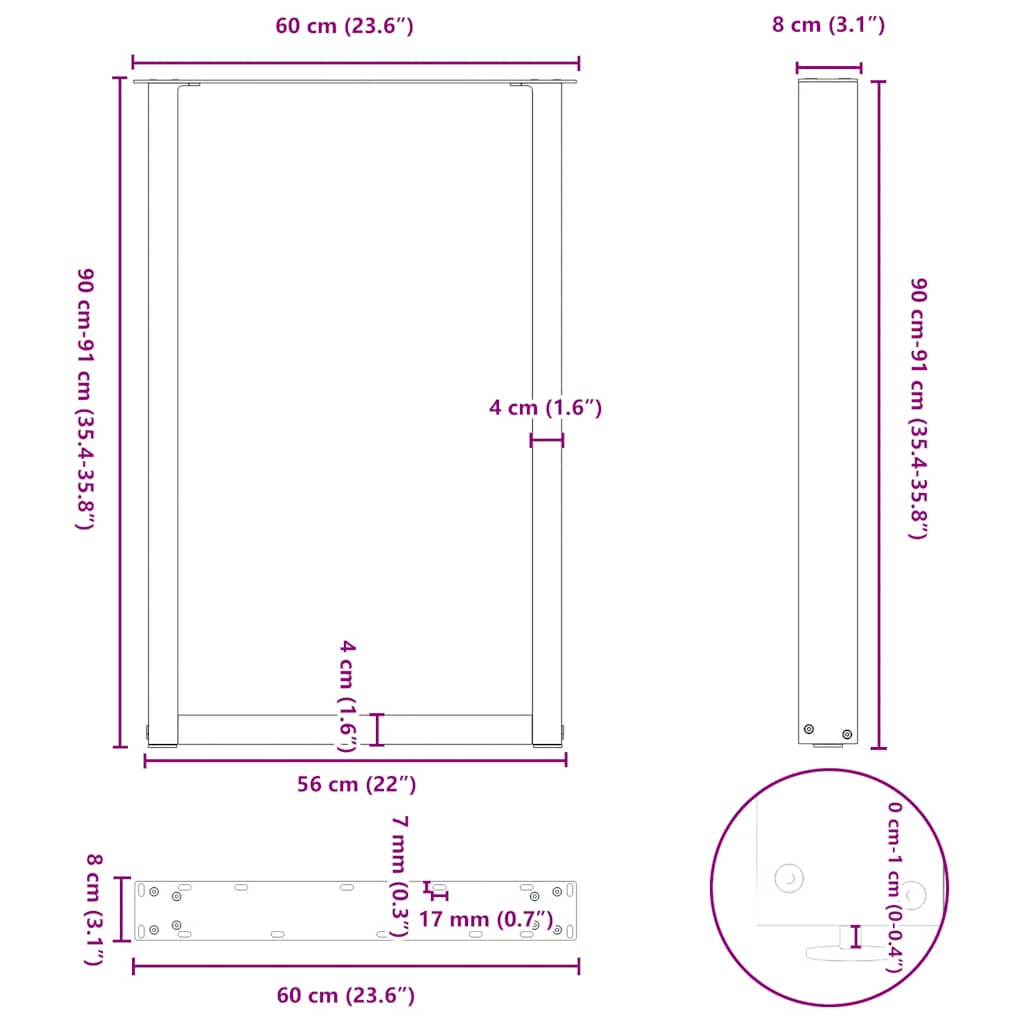 2 db U alakú bárasztalláb, fekete, 60 x (90-91) cm, acél