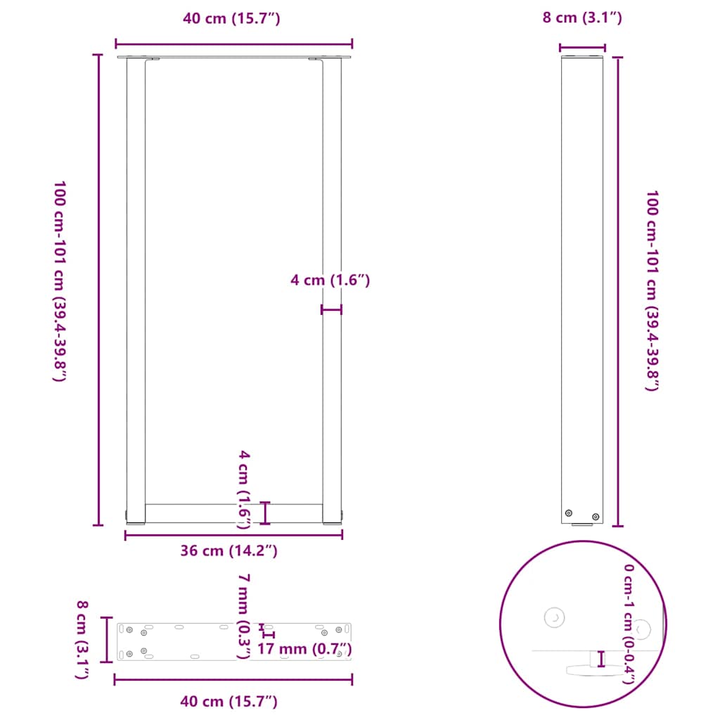 2 db U alakú bárasztalláb, fekete, 40 x (100-101) cm, acél