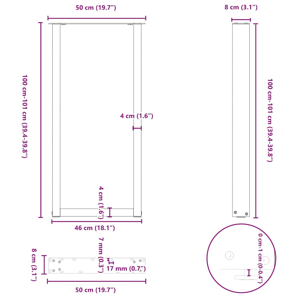2 db antracitszürke U-alakú acél bárasztalláb 50x(100-101) cm