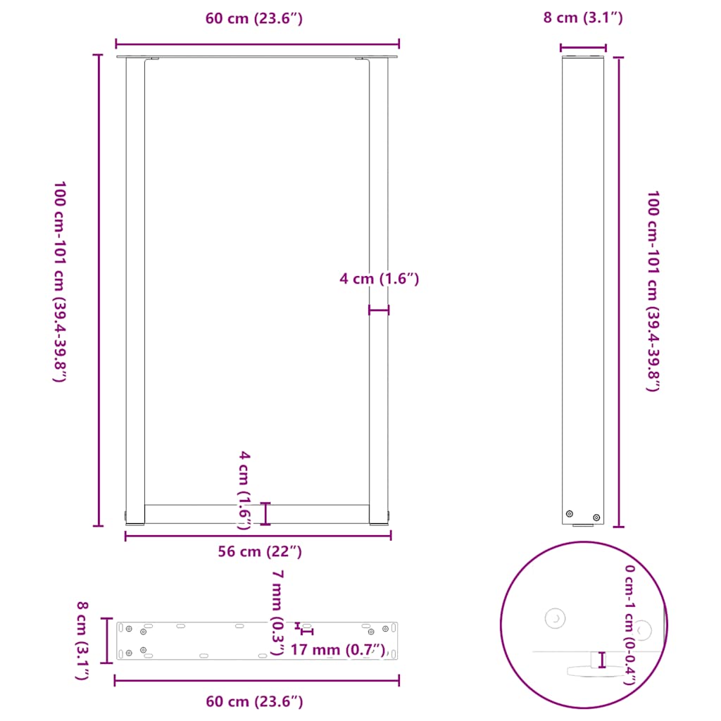 2 db U alakú bárasztalláb, fekete, 60 x (100-101) cm, acél
