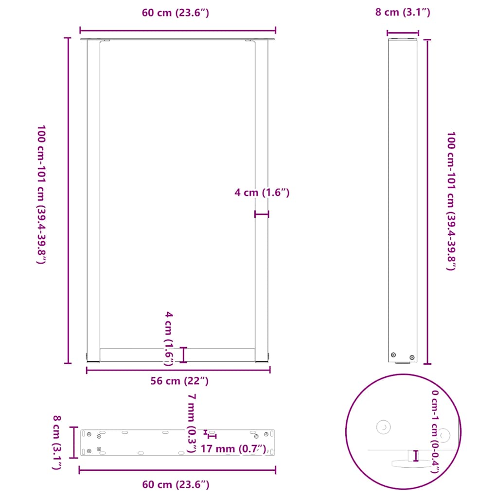 2 db antracitszürke, U alakú acél bárasztalláb 60 x (100-101) cm