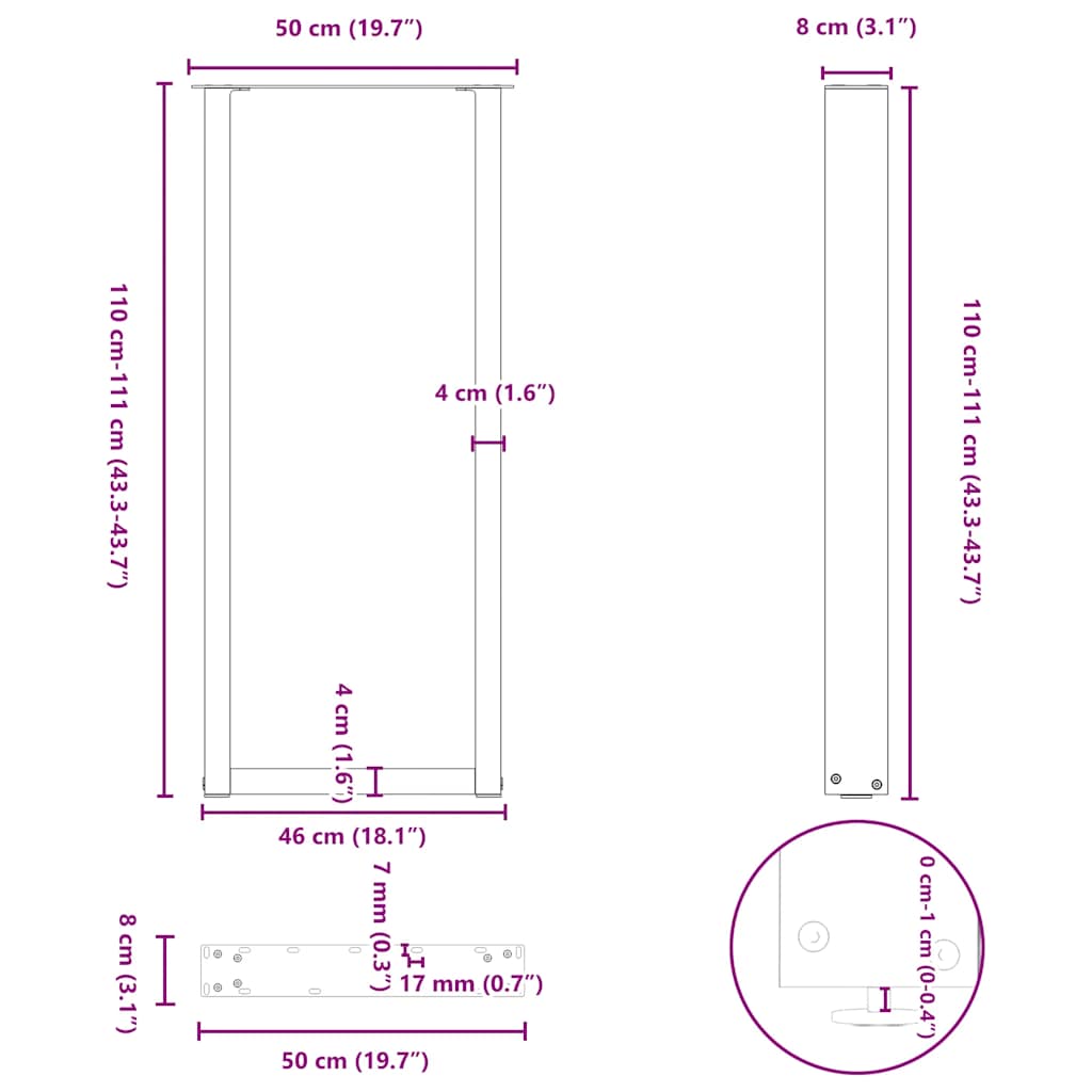 2 db fehér U alakú bárasztalláb 50 x (110-111) cm acél