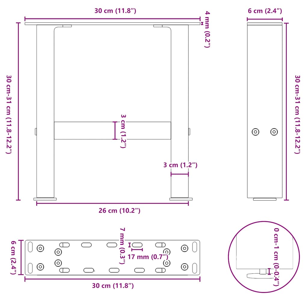 2 db fekete acél dohányzóasztal láb 30 x (30-31) cm