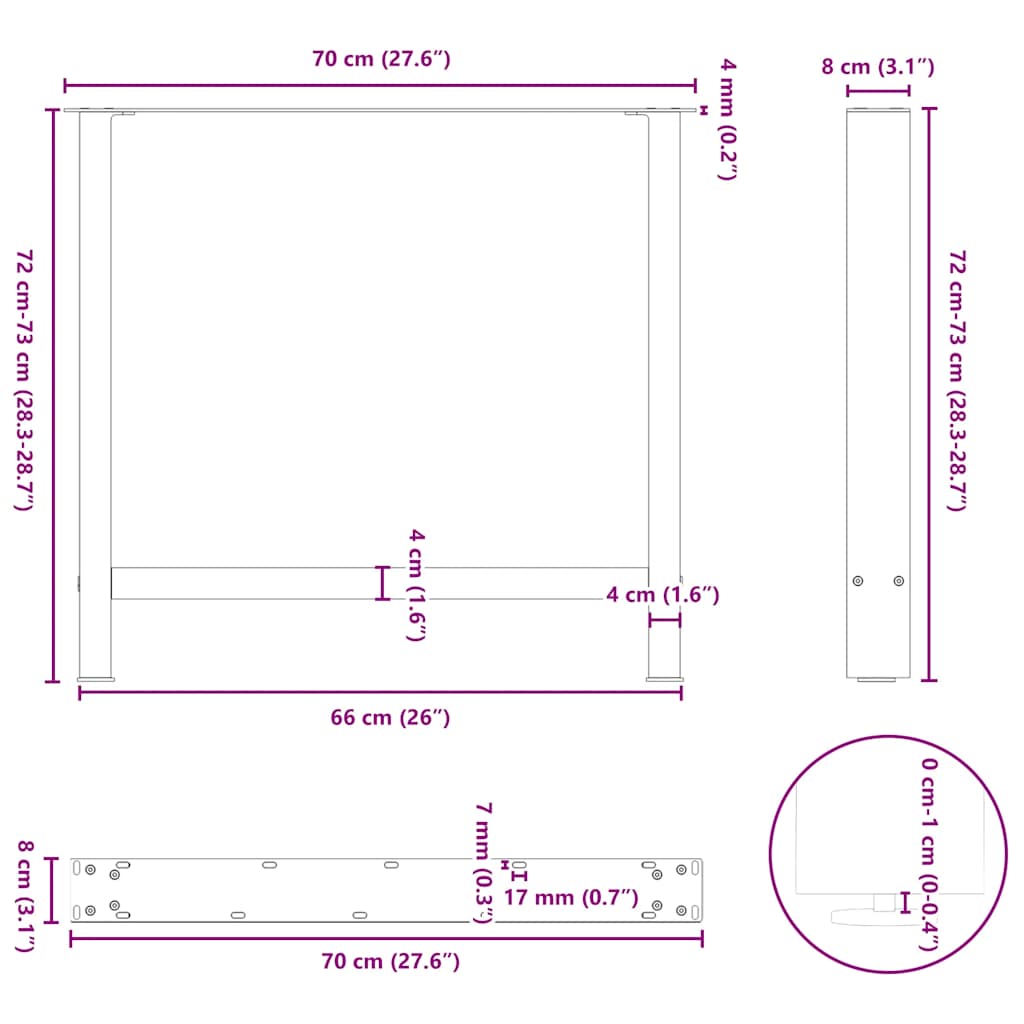 2 db fekete acél étkezőasztal láb 70 x (72-73) cm