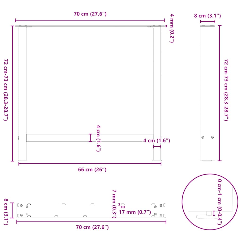2 db antracitszürke acél étkezőasztalláb 70x(72-73) cm