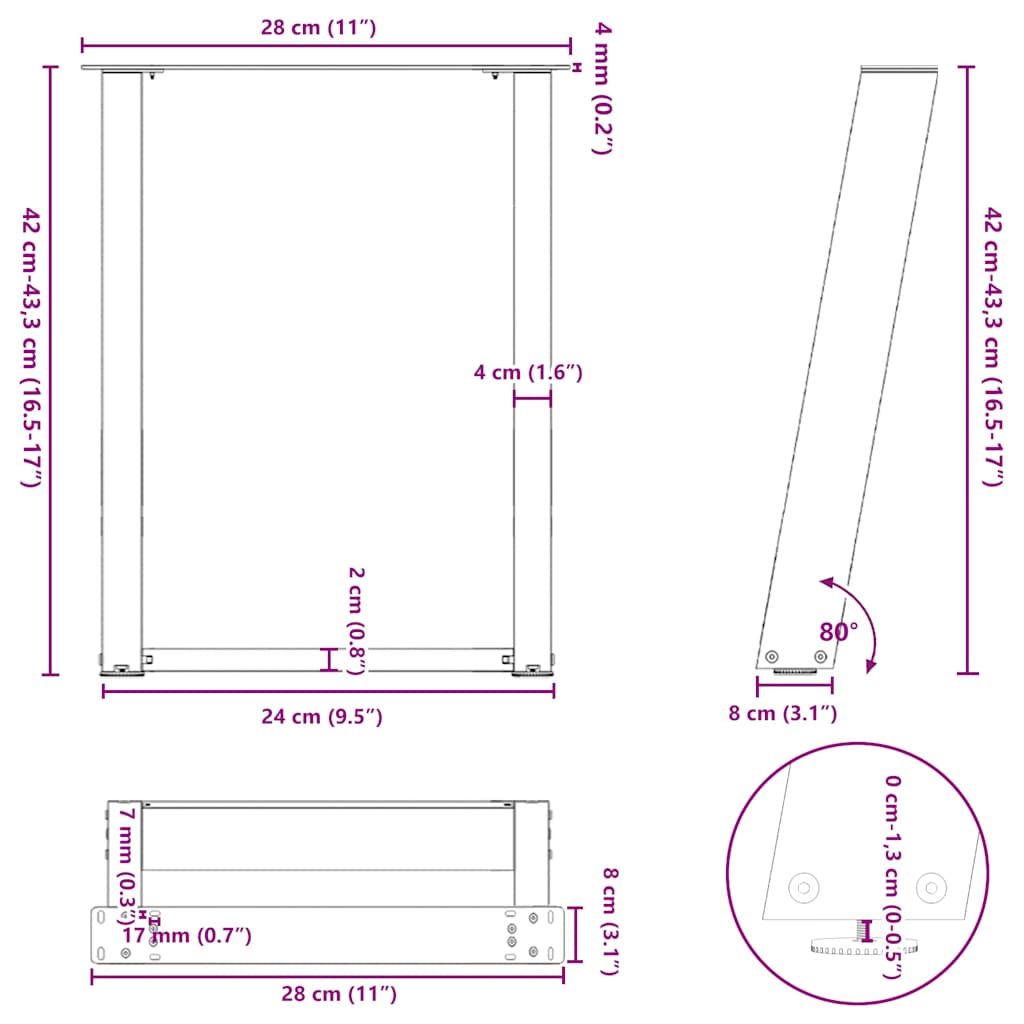 2 db U alakú dohányzóasztal láb fekete 28 x (42-43) cm acél dohányzóasztal láb