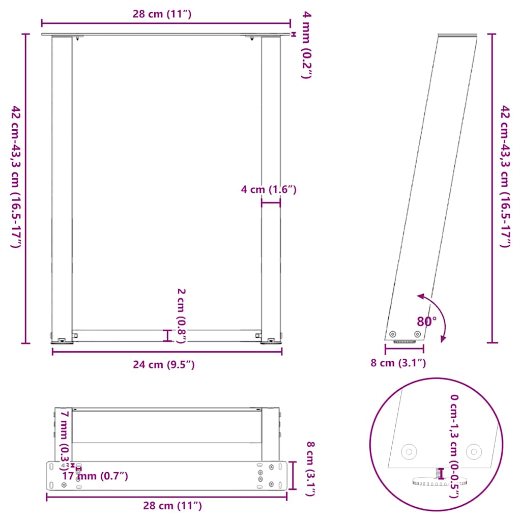 2 db antracitszürke U-alakú dohányzóasztal láb 28x(42-43) cm acél