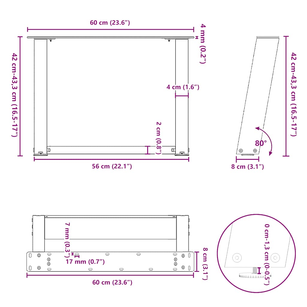 2 db U alakú dohányzóasztal láb fekete 60 x (42-43) cm acél dohányzóasztal láb