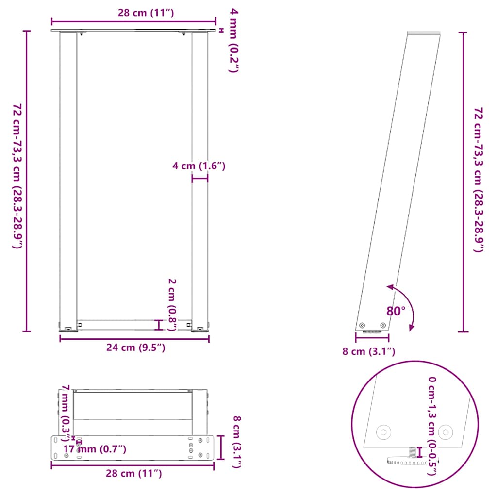 2 db antracitszürke U-alakú acél konzolasztal láb 28x(72-73) cm