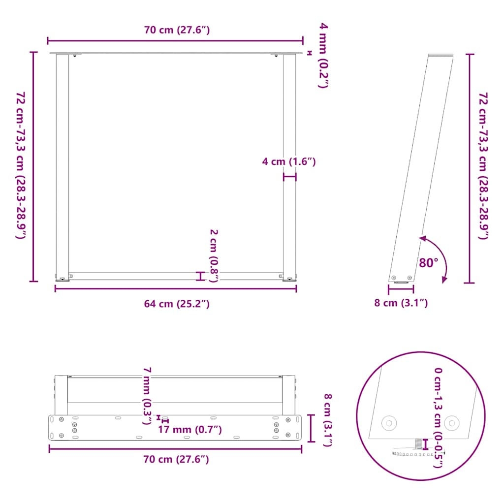 2 db U alakú étkezőasztal láb natúr acélból 70 x (72-73) cm