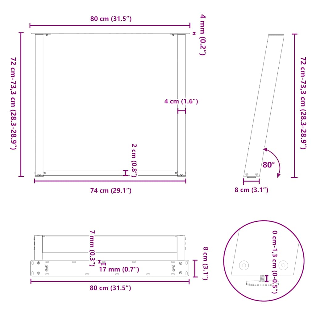 2 db antracitszürke, U alakú acél étkezőasztal láb 80 x (72-73) cm