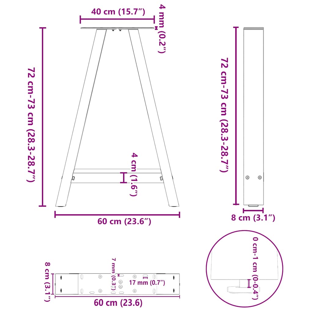 2 db A-alakú étkezőasztal láb fekete 60 x (72-73) cm acél étkezőasztal láb
