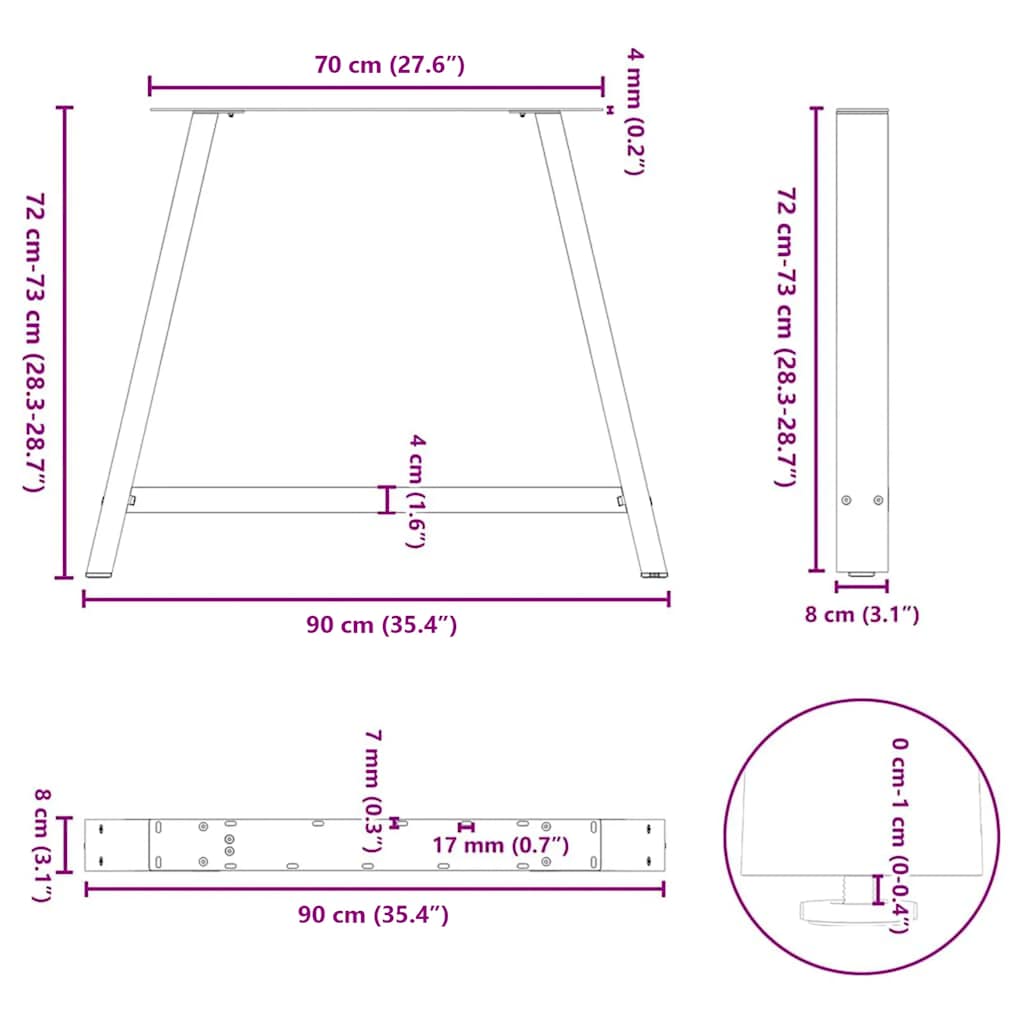 2 db A-alakú étkezőasztal láb 90 x (72-73) cm acél
