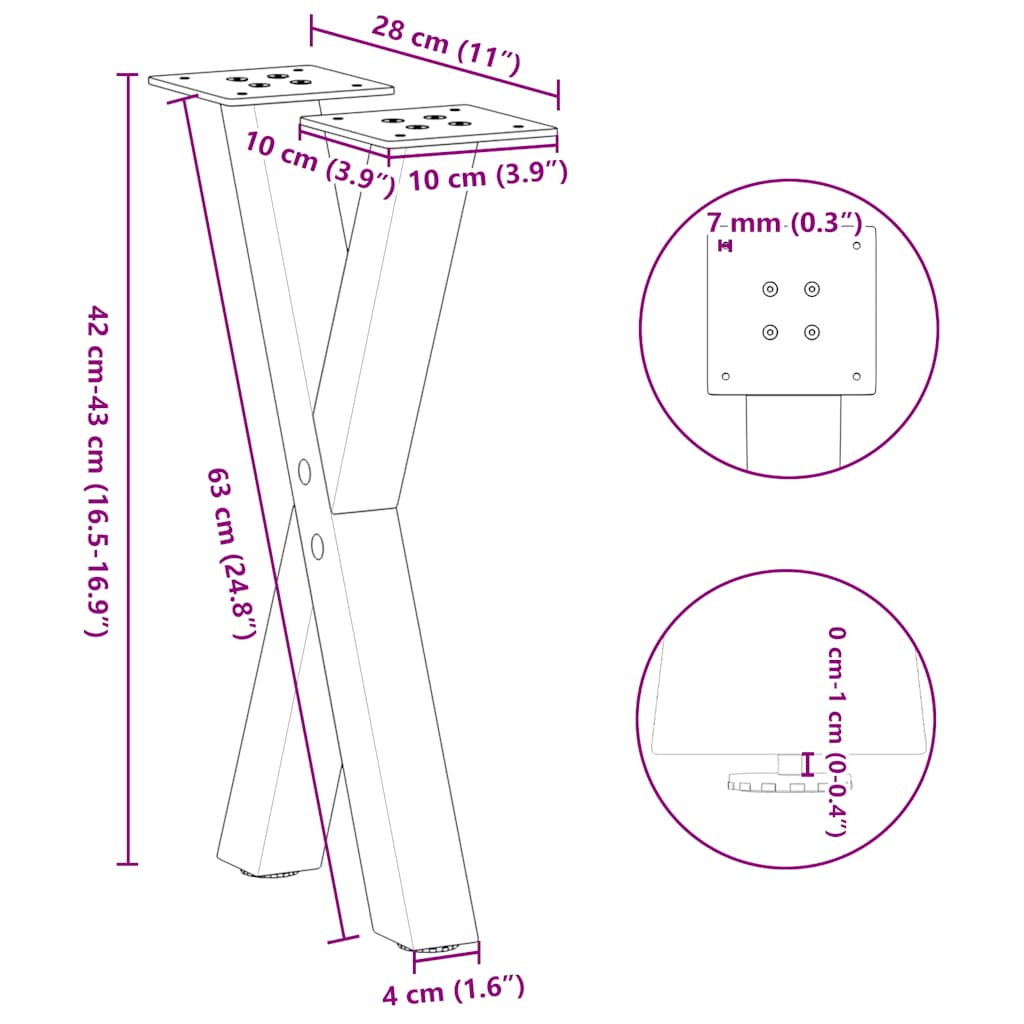 2 db fekete, X alakú acél dohányzóasztal láb 28 x (42-43) cm