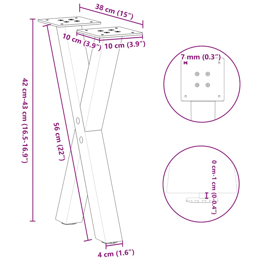 2 db fehér, X alakú dohányzóasztal láb, 38 x (42-43) cm, acél