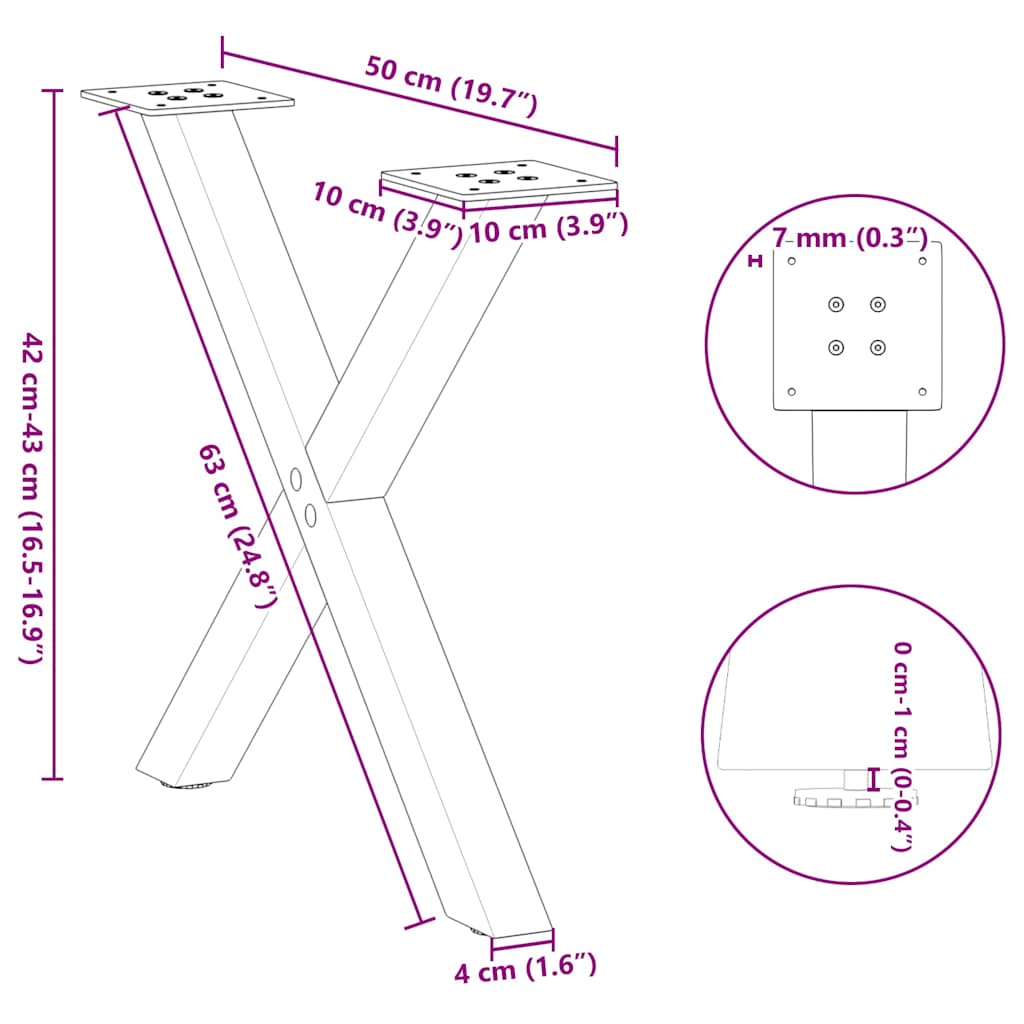 2 db fekete, X alakú acél dohányzóasztal láb 50 x (42-43) cm