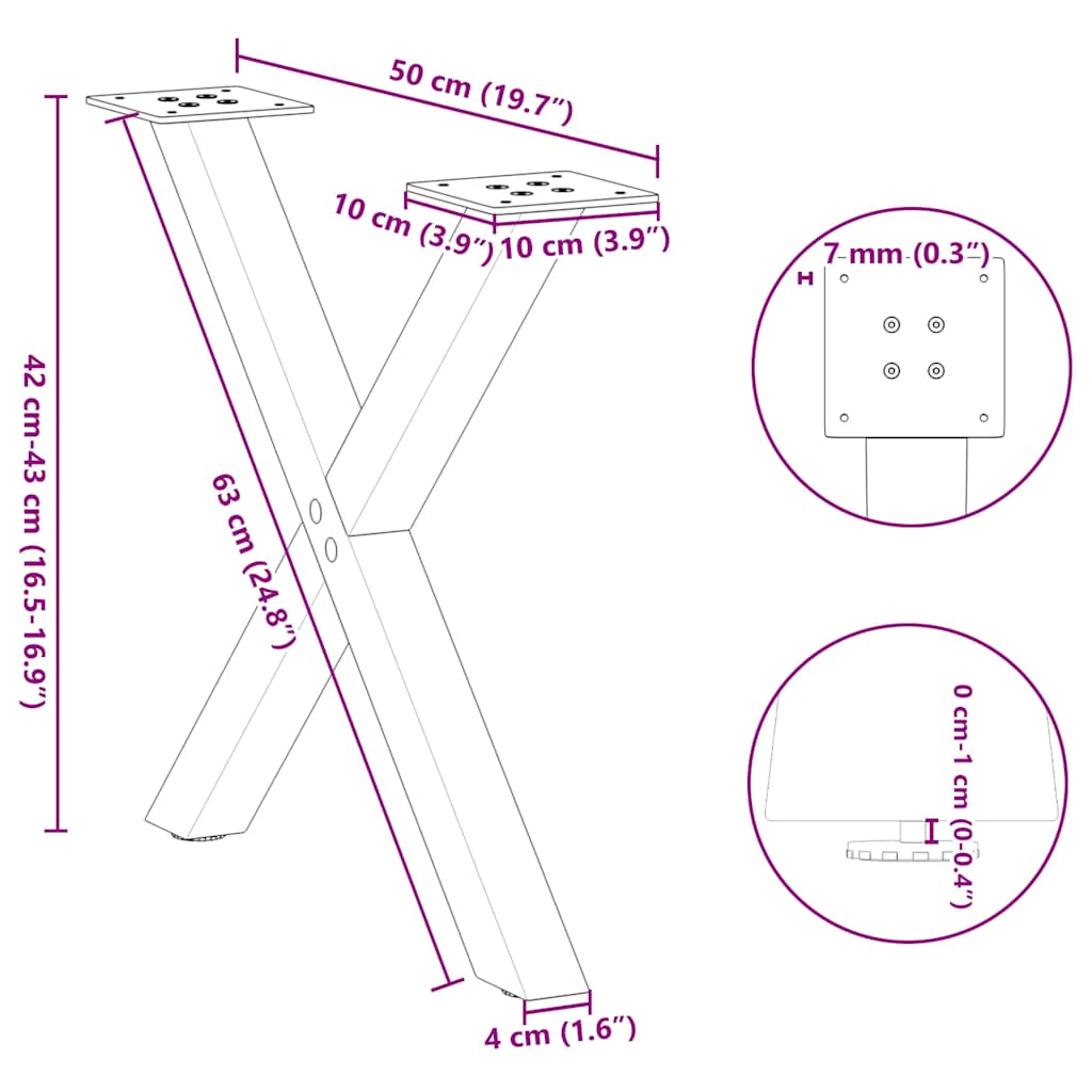 2 db X alakú natúr acél dohányzóasztal láb 50 x (42-43) cm