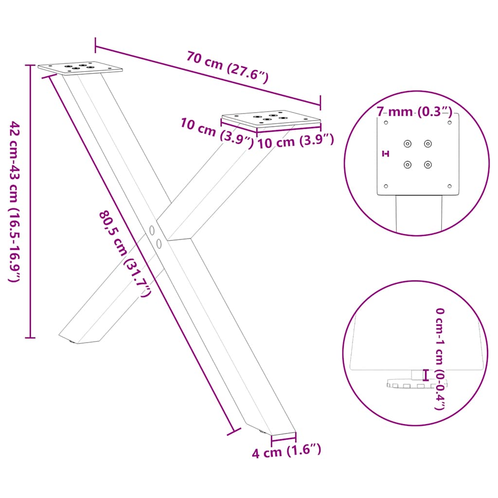 2 db X alakú natúr acél dohányzóasztal láb 70 x (42-43) cm