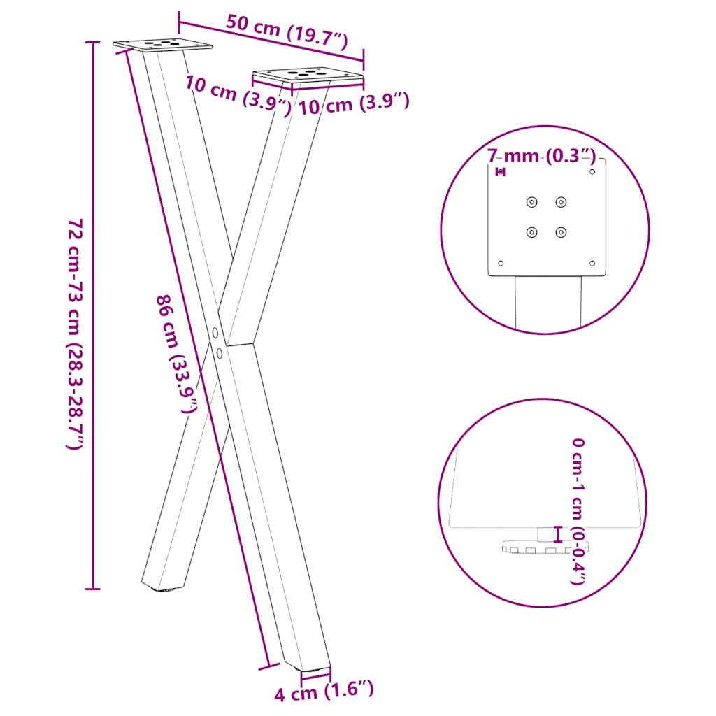 2 db X alakú étkezőasztal láb fekete acél 50 x (72-73) cm