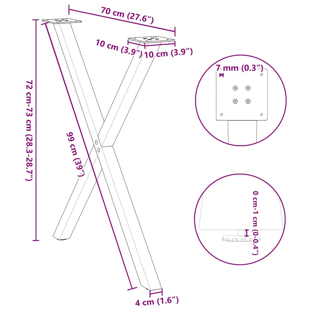 2 db X alakú étkezőasztal láb natúr acélból 70 x (72-73) cm
