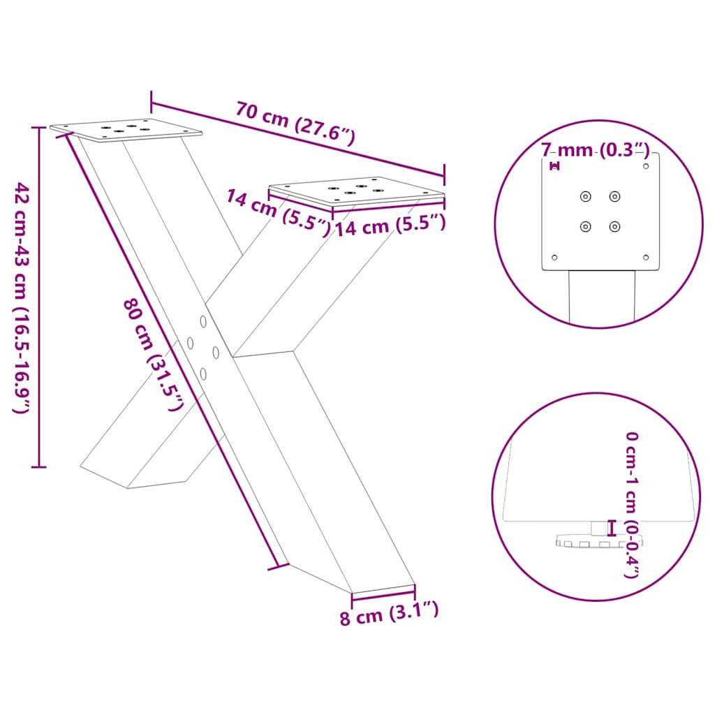 2 db X alakú natúr acél dohányzóasztal láb 70 x (42-43) cm