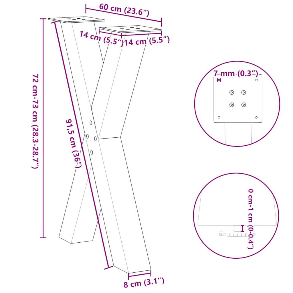 2 db antracitszürke X-alakú acél étkezőasztalláb 60x(72-73) cm