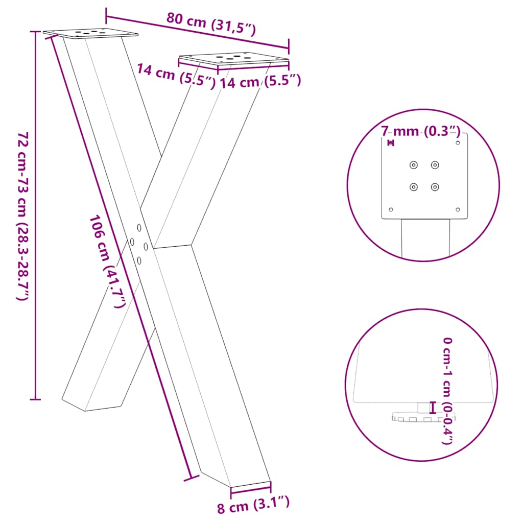 2 db X alakú étkezőasztal láb fekete 80 x (72-73) cm acél étkezőasztal láb
