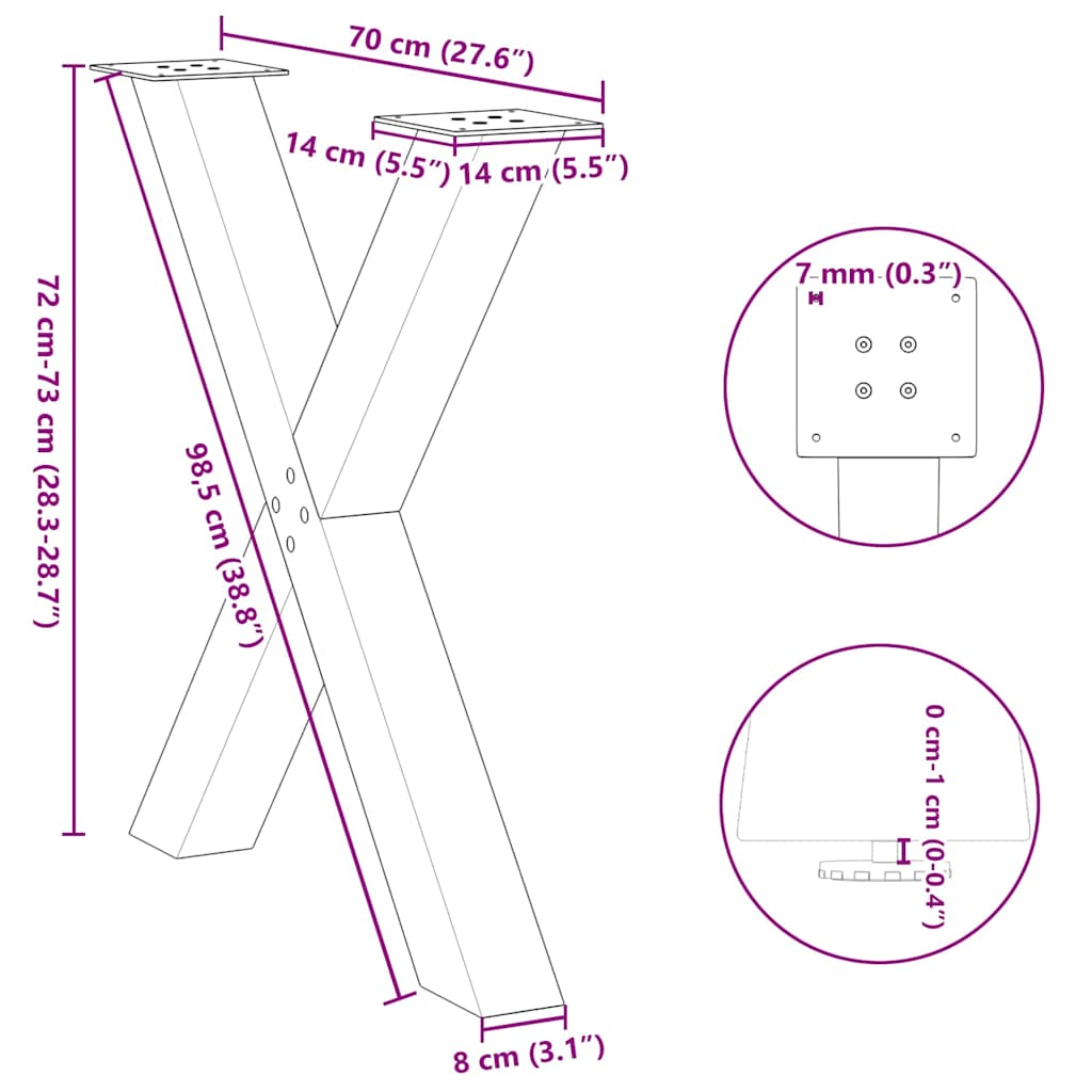3 db antracitszürke X-alakú acél étkezőasztalláb 70x(72-73) cm