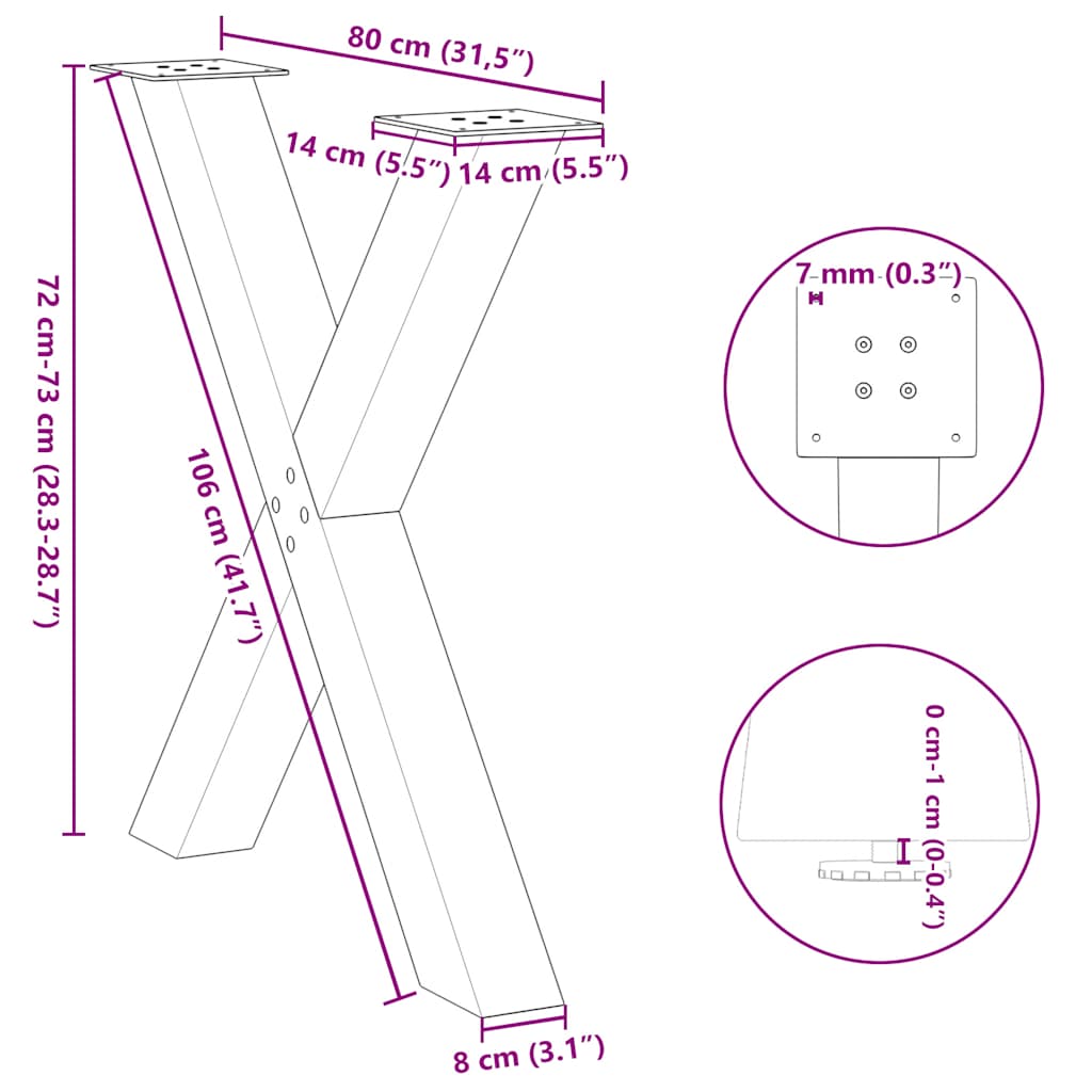 3 db X alakú étkezőasztal láb fekete 80 x (72-73) cm acél étkezőasztal láb