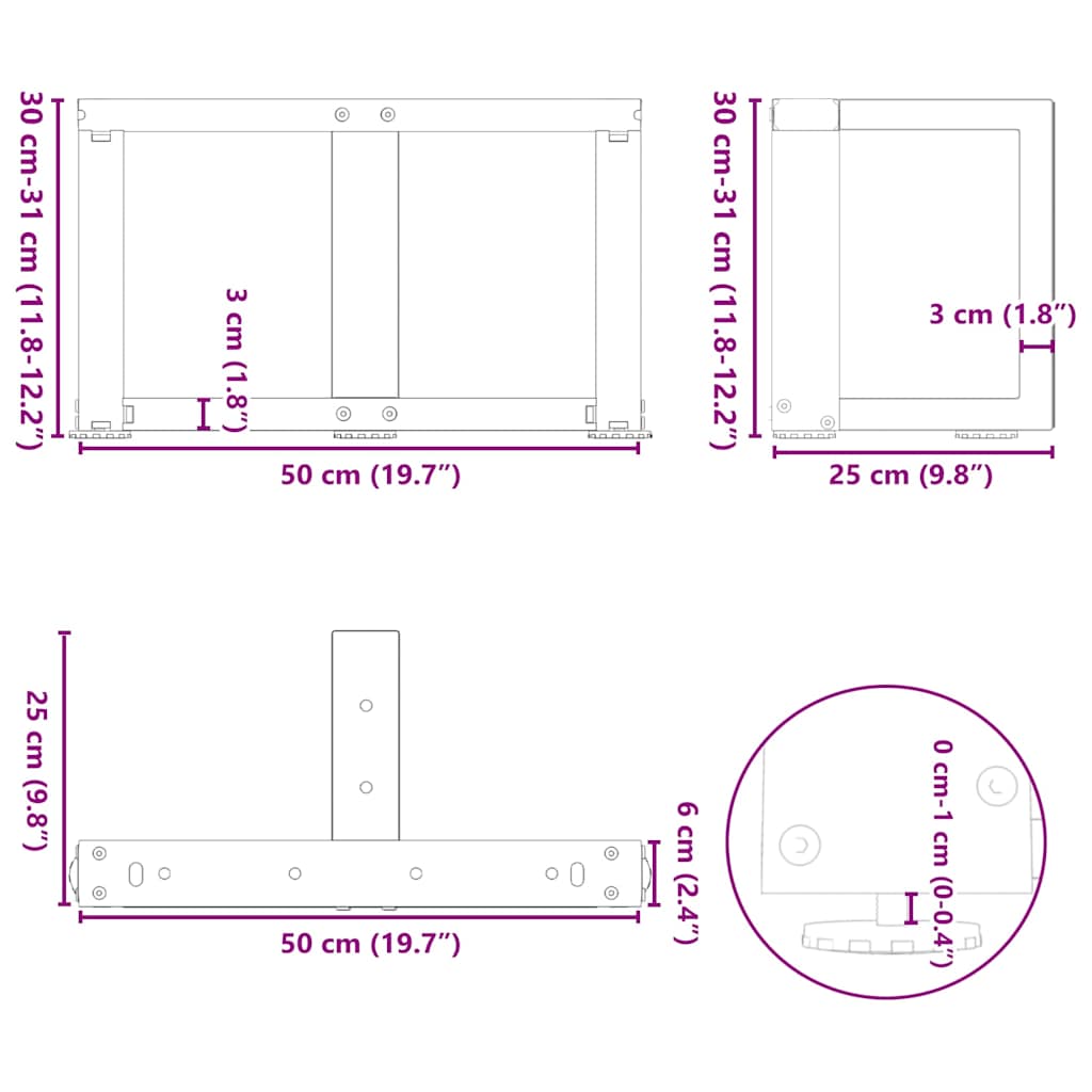 2 db fekete, T-alakú acél dohányzóasztal láb 50x25x(30-31) cm