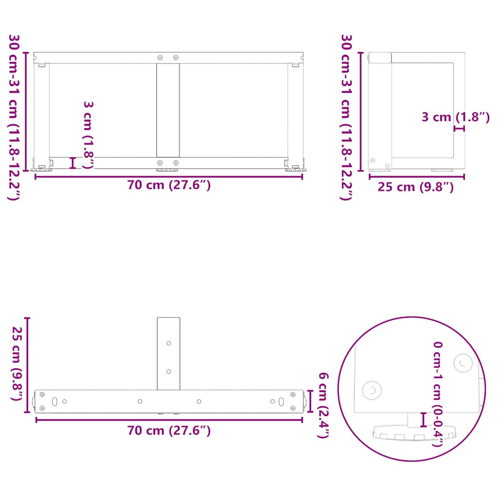 2 db fehér, T-alakú dohányzóasztal láb 70x25x(30-31) cm acél dohányzóasztal láb