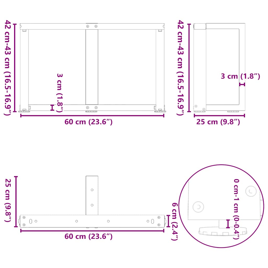 2 db fekete, T-alakú acél dohányzóasztal láb 60x25x(42-43) cm