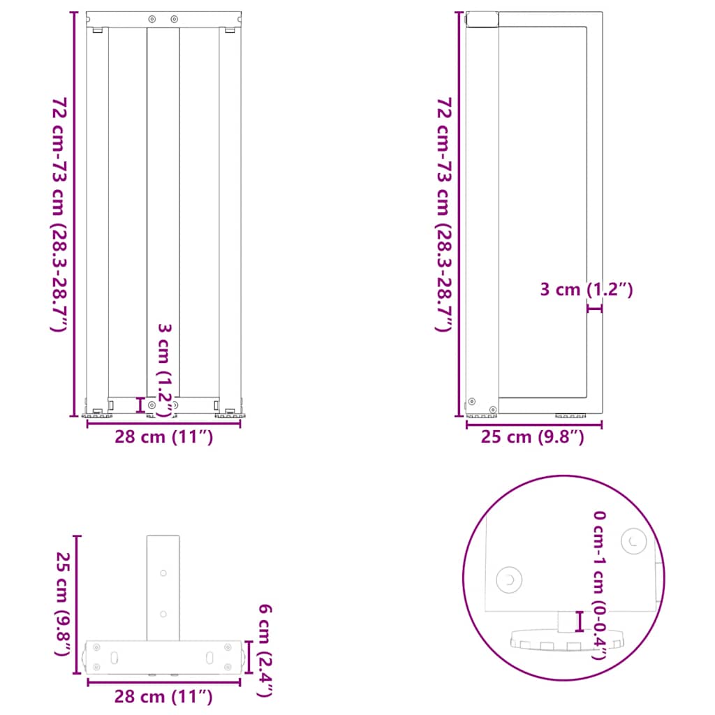 2 db fekete, T-alakú acél konzolasztal láb 25x28x(72-73) cm