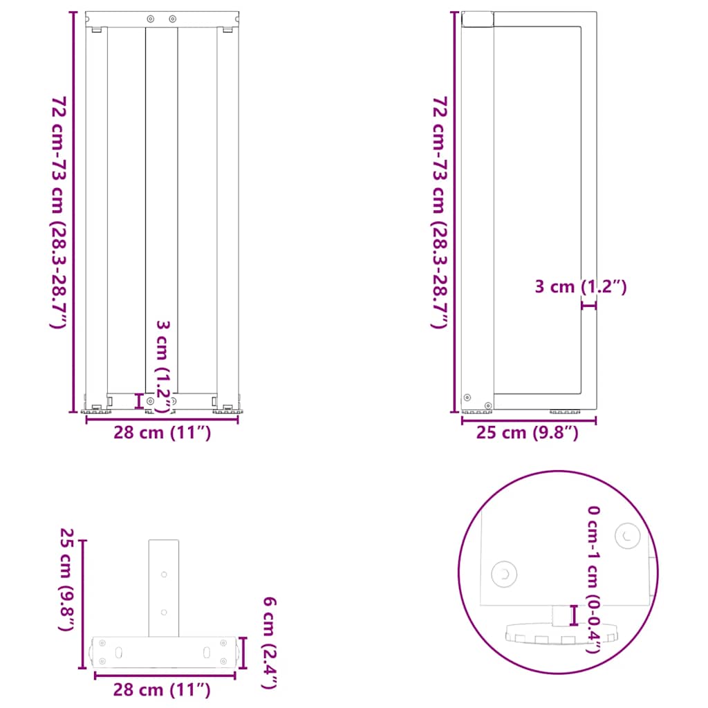 2 db antracitszürke T-alakú acél konzolasztal láb 25x28x(72-73) cm