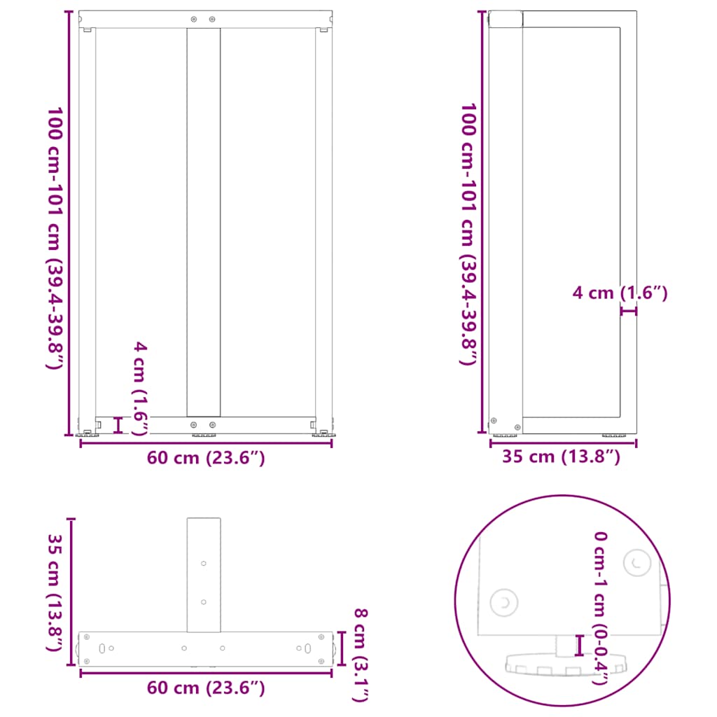 2 db fekete, T-alakú acél bárasztalláb 60x35x(100-101) cm