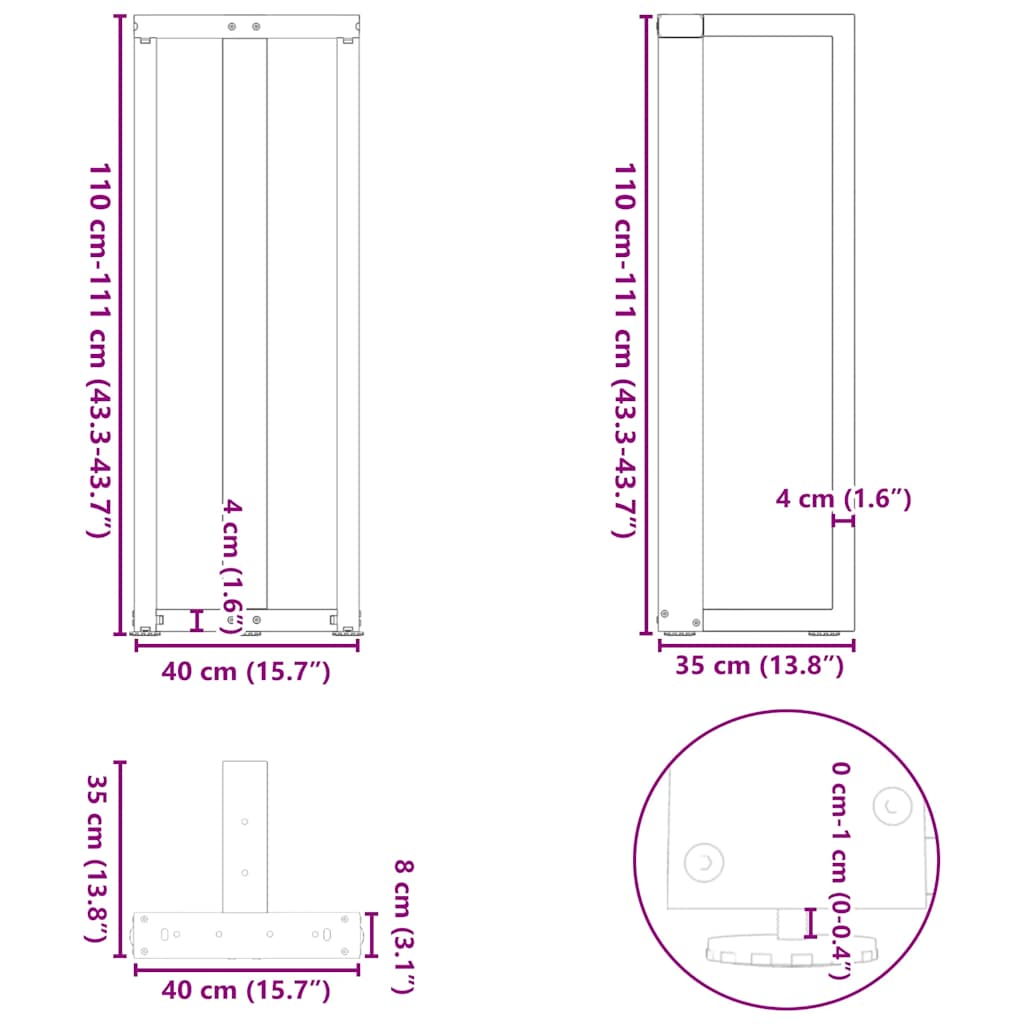 2 db fekete, T-alakú acél bárasztalláb 40x35x(110-111) cm