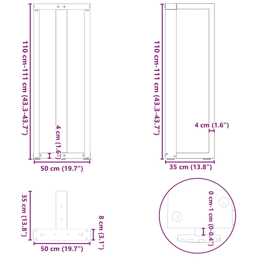 2 db fekete, T-alakú acél bárasztalláb 50x35x(110-111) cm