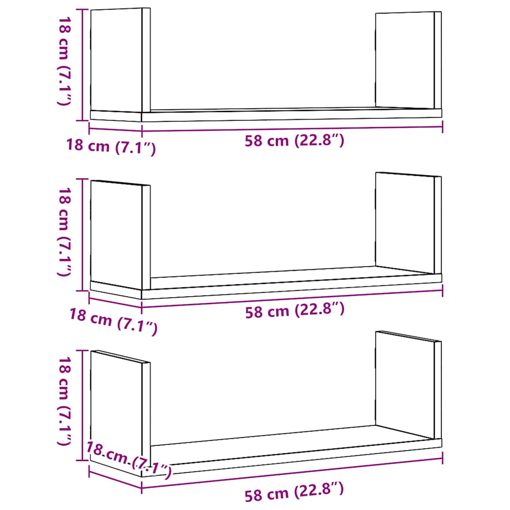 3 db fekete szerelt fa fali polc 58 x 18 x 18 cm